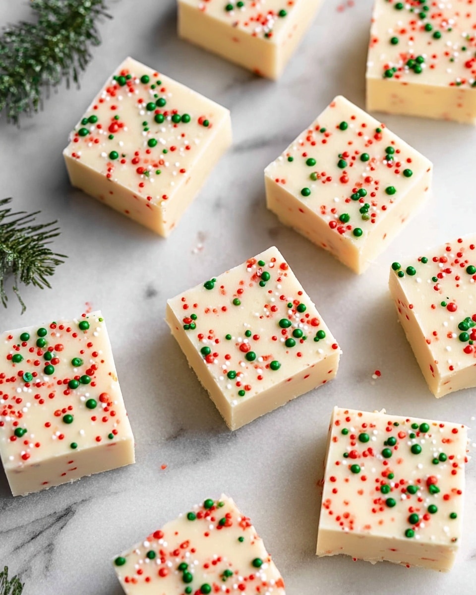 A stack of smooth, creamy white fudge squares sits on a white marbled surface. Each fudge piece is thick and has a soft texture with tiny green and red bits mixed inside the pale beige base. The top of each square is decorated with small round sprinkles in red, green, and white, scattered evenly and brightening the neutral color of the fudge. The cubes are neatly cut, showing clean edges, and the photo focuses sharply on the topmost square with others softly blurred in the background. photo taken with an iphone --ar 4:5 --v 7