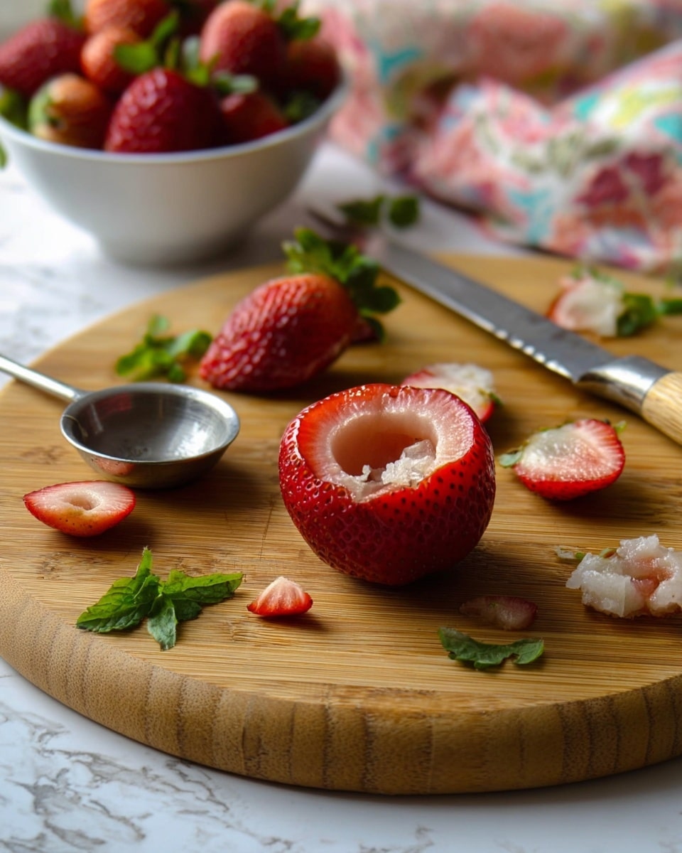 A close-up view of hollowed strawberries filled with swirled white cream on top, arranged closely together in several visible layers. The strawberries are bright red with small seeds on the outside, and each has a thick dollop of smooth cream rising in a pointed swirl from the center. Around the strawberries, there are a few plump dark blue blueberries with a shiny surface, all placed on a white plate with a blue pattern. The scene sits on a white marbled surface, with soft natural light highlighting the colors and textures of the fruit and cream. photo taken with an iphone --ar 4:5 --v 7