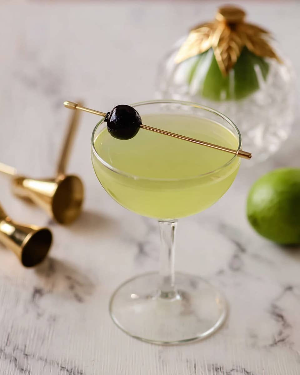 A clear glass cocktail glass holds a pale yellow-green drink that looks smooth and slightly shiny. On top of the drink, a single dark cherry is pierced with a thin, golden stick resting across the rim of the glass. The glass stands on a white marbled surface with faint grey veins, with a whole lime, a golden jigger, and a small golden scoop nearby, slightly out of focus, adding to the scene's elegance. In the background, there is a clear decorative item shaped like an apple with a green top and gold leaf accent, all softly lit. Photo taken with an iphone --ar 4:5 --v 7