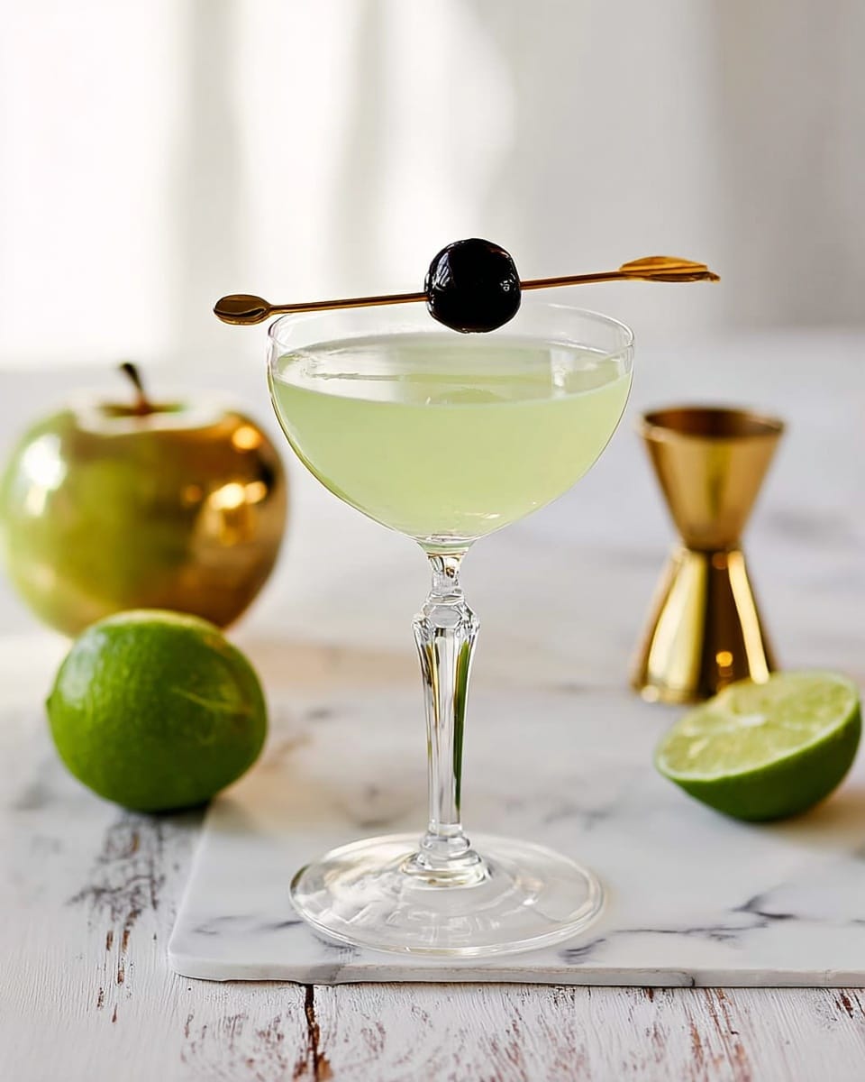 A clear stemmed glass holds a pale green drink with a smooth texture, filled to about three-quarters. Resting on the rim of the glass is a gold cocktail pick skewering a single dark cherry. The setting includes a white marbled surface with a metallic apple decoration and a green lime placed behind the glass on the left side, and a golden jigger beside another lime on the right side. The background is softly lit, creating a bright and clean atmosphere. photo taken with an iphone --ar 4:5 --v 7
