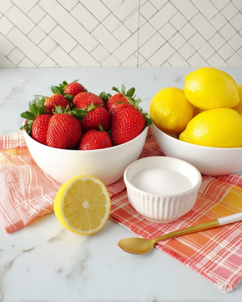 A white bowl filled with bright red strawberries with green leaves is positioned to the left, next to a half lemon with yellow rind and seed details facing forward on a white marbled surface. To the right, there is a white bowl packed with whole, vibrant yellow lemons. In the foreground, a small white bowl filled with granulated white sugar is placed on top of a folded orange and white checkered cloth beside a gold spoon. The background shows a white marbled wall with a chevron pattern. photo taken with an iphone --ar 4:5 --v 7
