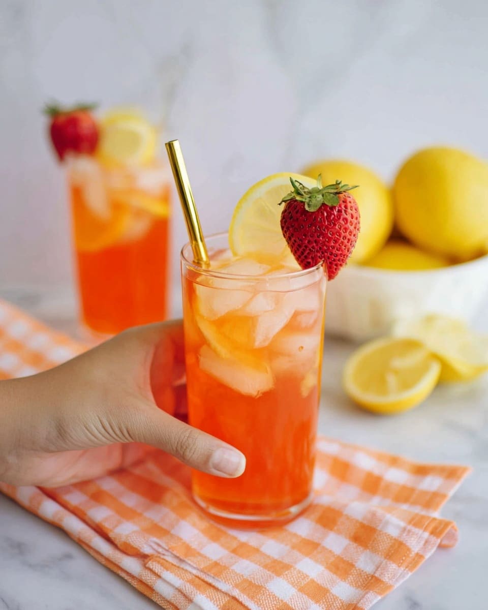 A tall clear glass filled with orange-colored iced drink sits in front, with ice cubes floating inside. The glass is garnished with a lemon slice and a half strawberry on its rim, and a golden straw is inside the glass. Behind it, there is a large clear pitcher filled with the same orange drink and ice, with a wooden spoon inside and a lemon slice on the pitcher’s rim. To the right, a white bowl holds several bright yellow lemons, and lemon halves are placed on the white marbled surface next to the bowl. A checkered pink and white cloth lies under the glass. The background is a white marbled texture with a subtle herringbone pattern. Photo taken with an iphone --ar 4:5 --v 7