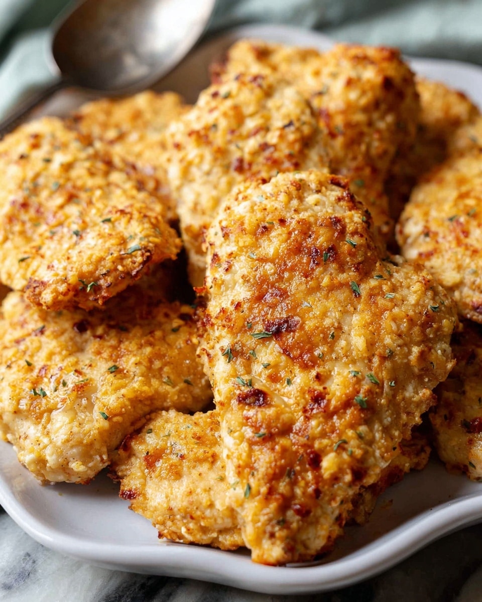 The image shows a close-up of several pieces of golden, crispy baked chicken with a textured, slightly browned surface and small green herb specks on top, all arranged closely together on a white plate with curved edges. The background is a white marbled texture with a metal spoon slightly blurred in the upper left corner. The chicken pieces look thick and juicy, with a rough, crumbly coating that varies in color from light beige to golden brown, and some areas have darker, toasted spots. photo taken with an iphone --ar 4:5 --v 7