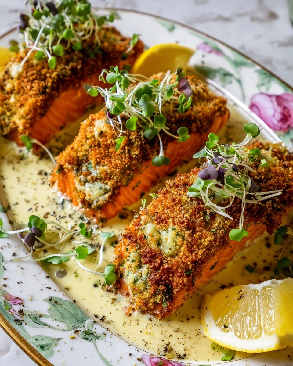 This image shows three pieces of salmon on a white plate with floral designs. Each piece has a thick, golden brown crumb crust with green herbs visible in the crackly texture on top. The salmon layers below the crust are a bright orange color. The fish sits in a creamy, pale yellow sauce with herbs mixed in. Around the salmon are scattered small green sprouts and microgreens adding fresh color. Two lemon wedges are placed on the plate, one near the front and one at the back, both sprinkled with black pepper. The background surface is a white marbled texture. photo taken with an iphone --ar 4:5 --v 7