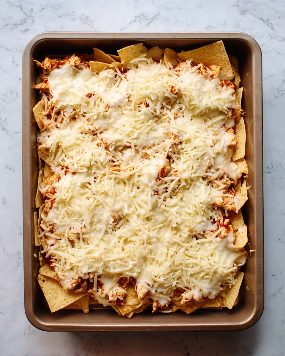 A rectangular baking pan filled with one layer of pale yellow tortilla chips at the bottom, topped with a layer of shredded cooked chicken mixed with red sauce spread evenly over the chips, and finished with a generous layer of melted white cheese covering the top, creating a creamy texture with some browned spots. The pan sits on a white marbled surface. photo taken with an iphone --ar 4:5 --v 7
