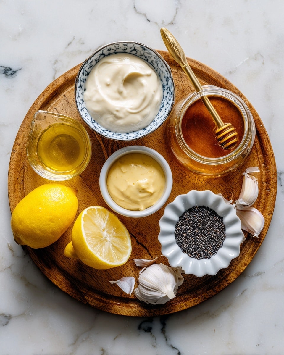 A round wooden tray sits on a white marbled surface holding various ingredients. At the bottom left are two halves of a bright yellow lemon, with a whole lemon nearby. To the left center is a white bowl with blue patterns, filled with creamy white mayo-like sauce. At center left is a small clear glass container with golden olive oil. At center right is a small bowl with a pale yellow mustard-like sauce, while just below it is a white fluted dish filled with small black poppy seeds. Near the top right, two garlic cloves with skins partially peeled sit next to a clear jar filled with honey, a golden spoon resting inside. Photo taken with an iphone --ar 4:5 --v 7