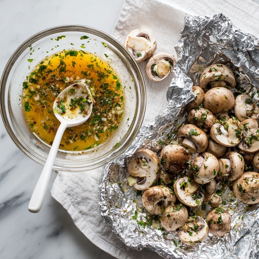 A foil packet filled with cooked sliced mushrooms, mixed with small green herb leaves, sits on a wooden table next to a bunch of fresh green parsley and a shiny brown loaf of bread. The mushrooms look soft and moist, and the foil edges are crinkled, holding the mushrooms inside. A pair of black and silver tongs rest on the right side next to the packet, and the whole scene is on a white marbled surface. The lighting highlights the texture of the mushrooms and herbs, making the dish look fresh and ready to eat photo taken with an iphone --ar 4:5 --v 7