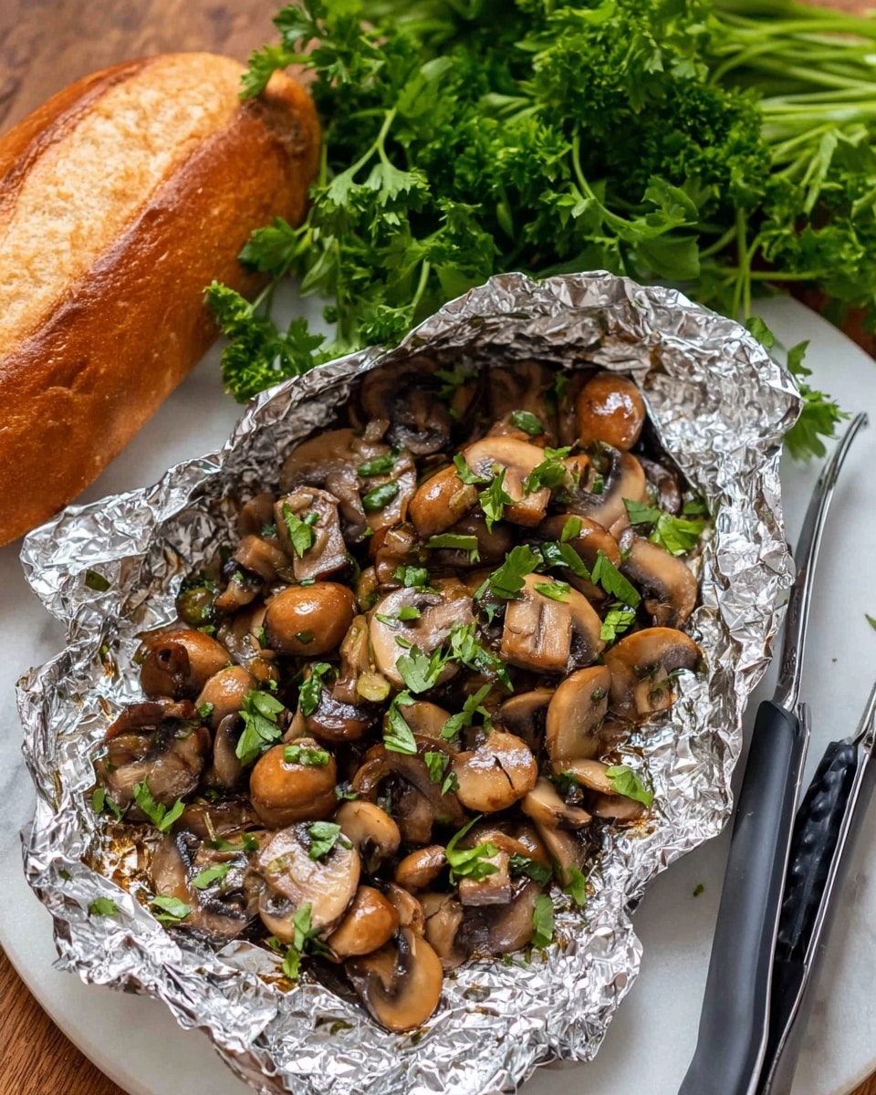 The image shows a foil-lined white bowl filled with cooked sliced mushrooms. The mushrooms are brown and glossy, mixed with small pieces of green herbs scattered throughout. The foil crinkles around the mushrooms, giving texture to the container. In the background, there is a bunch of bright green parsley, adding a fresh contrast to the earthy colors of the mushrooms. The setup rests on a white marbled surface. photo taken with an iphone --ar 4:5 --v 7