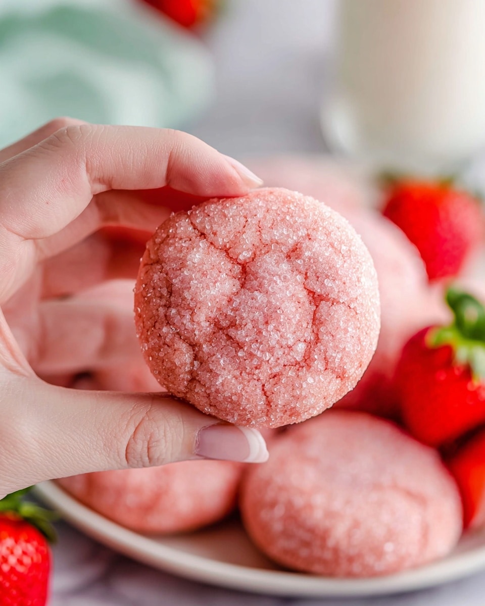 A stack of three light pink cookies with a cracked surface and large sugar crystals sparkling on top, placed on a sheer white fabric over a white marbled surface; behind the cookies, there is a fresh red strawberry with green leaves partially visible, and in the blurred background, a white bowl holds more pink cookies and red strawberries. photo taken with an iphone --ar 4:5 --v 7