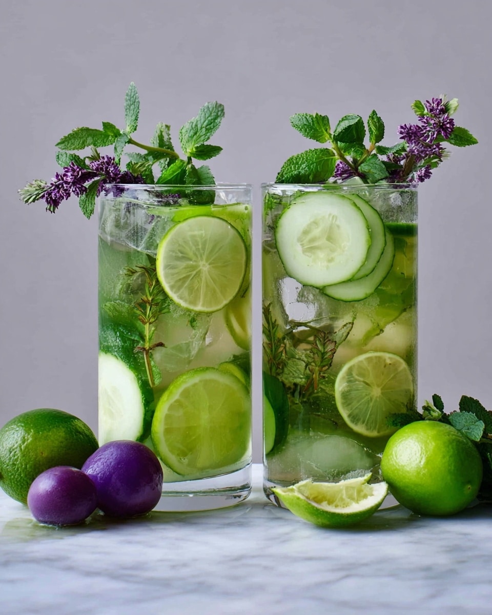 Two clear tall glasses filled with a refreshingly green drink sit side by side on a white marbled surface. Each glass has visible layers of sliced light green cucumber, round pale green lemon slices, dark green mint leaves, and sprigs of purple flowering herbs, with ice cubes spread throughout adding a cool texture. Around the glasses are some fresh herbs and a couple of small purple round vegetables, alongside one whole lime and one lime sliced in half showing its pale green inside. The background is plain with a soft light gray color, focusing attention on the fresh and vibrant ingredients in the glasses. photo taken with an iphone --ar 4:5 --v 7