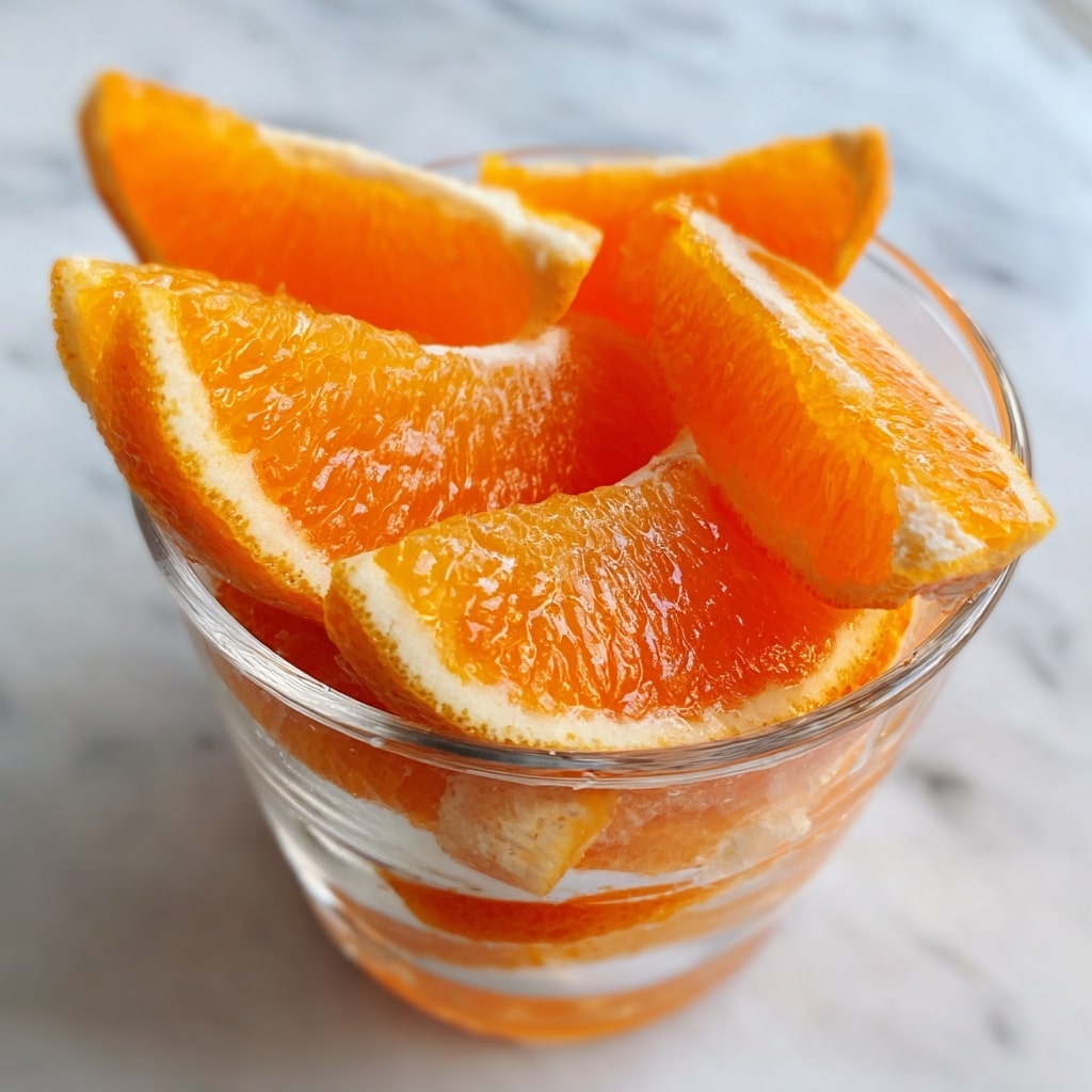 Two white glasses filled with an orange drink are shown on a white marbled surface. Each glass is rimmed with a thick layer of coarse red chili powder. The drink has a smooth orange base with a swirl of dark red sauce on top. On the surface of the drink, there are several small chunks of bright orange fruit scattered, adding texture and color contrast. The background is blurred gray, making the colors of the drink stand out clearly. photo taken with an iphone --ar 4:5 --v 7