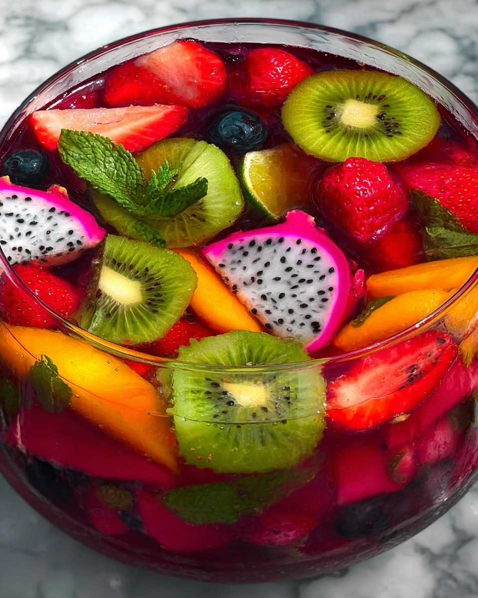 A clear glass cocktail glass filled with layered colorful fruit pieces. At the bottom, there is a layer of bright red fruit jelly with a glossy texture. Above it, there are vibrant red chunks, likely dragon fruit with small black seeds visible inside. On top of those, there are two wedge pieces of dragon fruit, one with bright pink skin and white flesh with black seeds, and the other with white flesh and pink skin edged with black seeds. There are also plump, shiny blueberries scattered among the dragon fruit pieces. A thin, round slice of green kiwi with black seeds stands vertically at the back, adding height. A small green mint leaf cluster is placed on one side near the front, giving a fresh touch. The glass is set against a blurred natural green background, and the photo was taken with an iphone --ar 4:5 --v 7