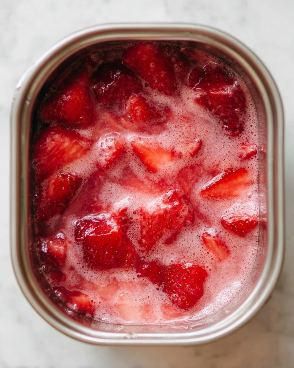 The image shows a glass filled with a pink, icy drink topped with crushed ice. The rim of the glass is covered with white salt. Inside the glass, there are green lime slices placed along the side. On top of the ice, a whole red strawberry and a half strawberry with green leaves are placed on opposite sides of the glass. The glass is set on a small wooden board, and around it are some loose ice cubes, whole strawberries, and lime wedges scattered on a white marbled surface. Another similar glass is partially visible in the upper part of the image. photo taken with an iphone --ar 4:5 --v 7