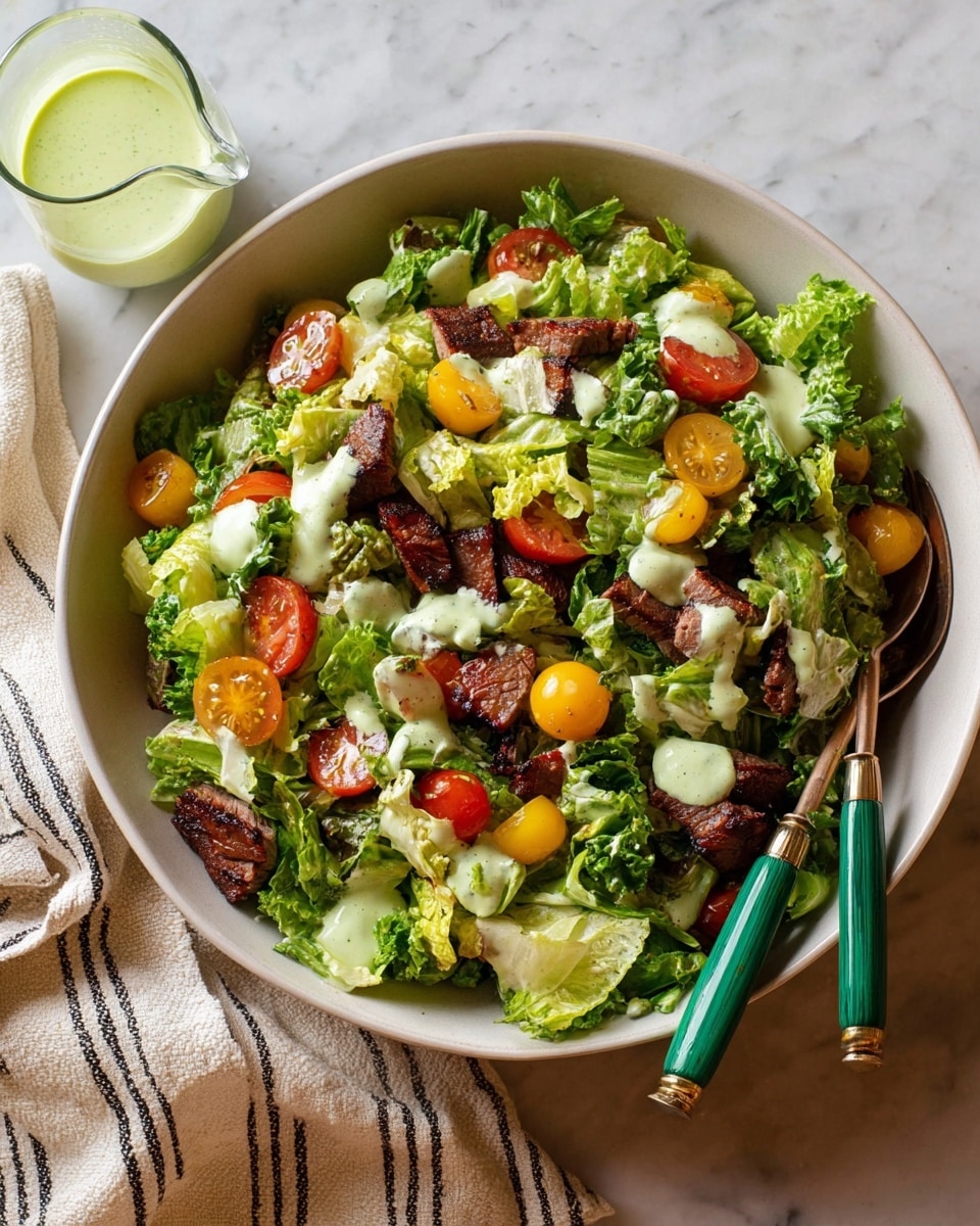 In a white bowl, there is a colorful salad with three main layers. The bottom layer is fresh green lettuce leaves, roughly torn and spread evenly. On the left side, above the lettuce, there is a layer of small, brown cubed pieces that look crispy. Next to that, on the left center side, are dark brown small cubed pieces that appear cooked. On the right, there is a layer of halved cherry tomatoes in red, yellow, and orange colors. All the layers are topped with a light green creamy sauce drizzled in lines and garnished with small sprigs of fresh green herbs. The bowl sits on a white marbled surface with a white cloth nearby, and a glass container with a yellow sauce is seen in the top right corner. Photo taken with an iphone --ar 4:5 --v 7