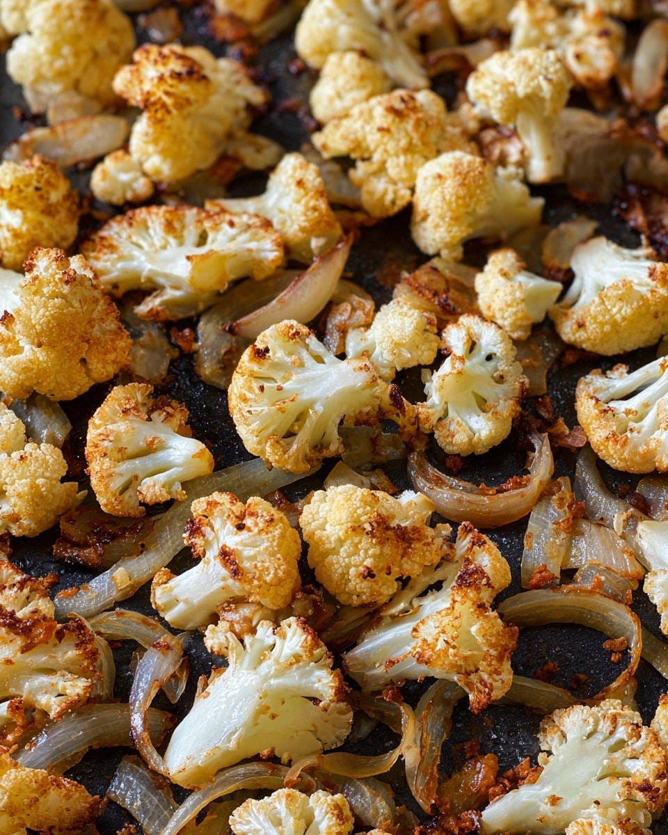 The image shows many pieces of roasted cauliflower and onion slices spread in one layer on a dark cooking pan. The cauliflower pieces are small to medium sized, with golden brown, slightly crispy edges and a white to light cream center. The onion slices are thin and translucent with some brown caramelized spots. The background is a dark, slightly shiny pan surface, highlighting the roasted vegetables' texture and colors clearly. photo taken with an iphone --ar 4:5 --v 7