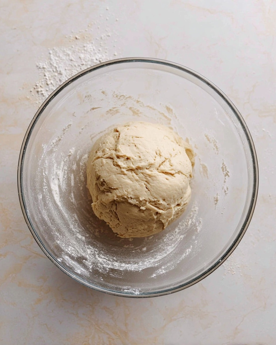 A single round ball of pale beige dough with a smooth but slightly cracked texture sits at the center of a large clear glass bowl. The bowl is placed on a white marbled textured surface with soft warm light evenly illuminating the scene. There are faint dustings of flour inside the bowl and on the surface around it, adding a light powdery effect. photo taken with an iphone --ar 4:5 --v 7
