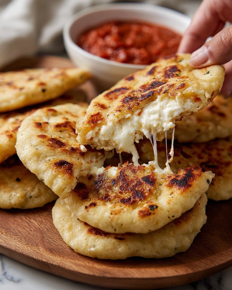 A wooden plate holds a stack of round, lightly browned flatbreads with a rough, slightly crumbly texture. The top flatbread is broken apart in the center, revealing stretchy melted cheese inside with white strands pulling between the two halves. The flatbreads have golden spots from cooking and an uneven surface showing slight cracks and grooves. The plate is placed on a white marbled surface. Photo taken with an iphone --ar 4:5 --v 7
