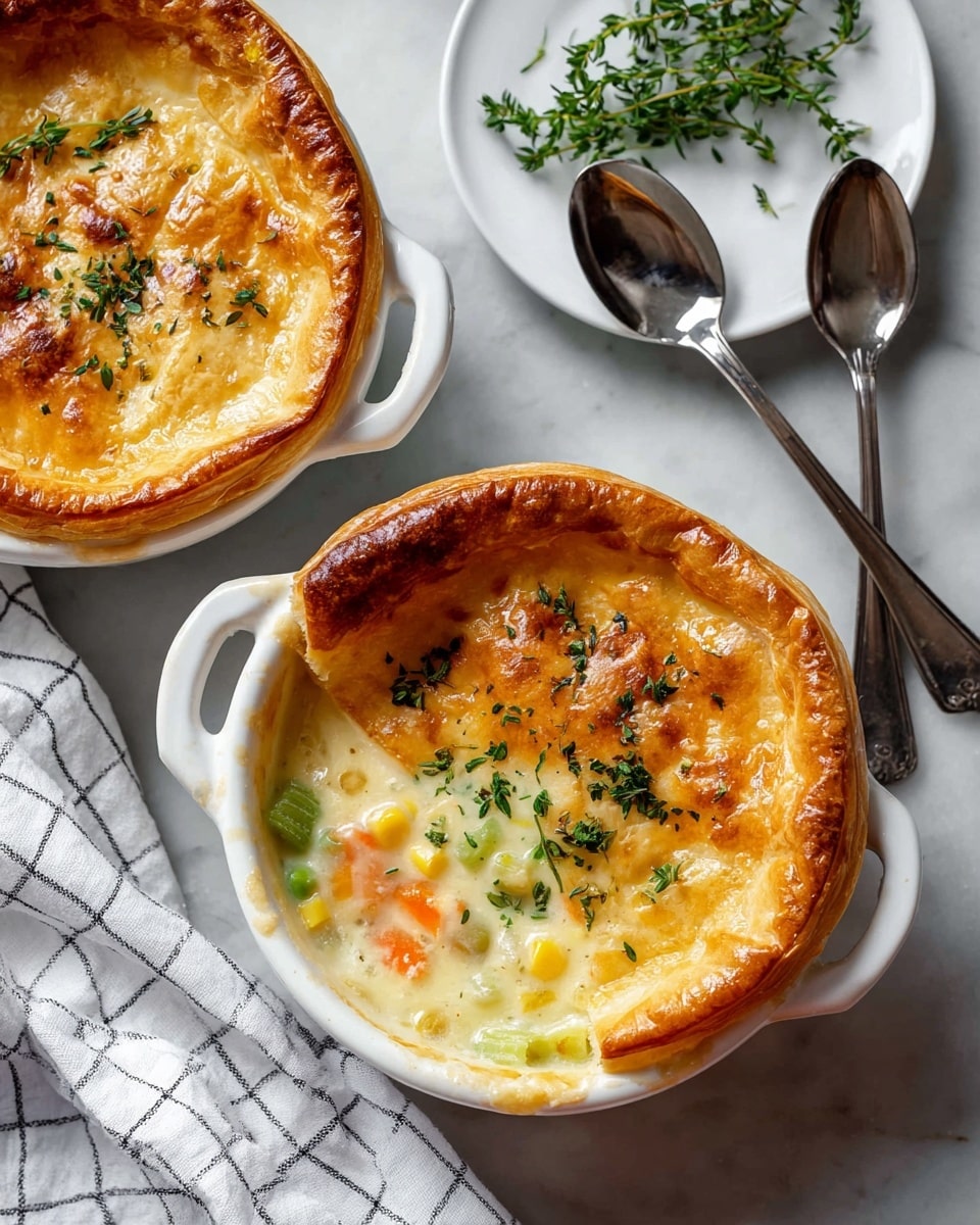 Two chicken pot pies sit on a white marbled surface, each in a white pot with handles. Both pies have golden brown, flaky pastry tops with a slightly shiny finish, sprinkled with small green thyme leaves. One pie is whole, showing a smooth rounded crust with a small slit on top, while the other has a section missing, revealing creamy white sauce mixed with chunks of orange carrots, yellow corn, and light green celery beneath the crust. A small white bowl filled with fresh thyme sprigs sits nearby, along with two shiny silver spoons and a white cloth with a black grid pattern. Photo taken with an iphone --ar 4:5 --v 7