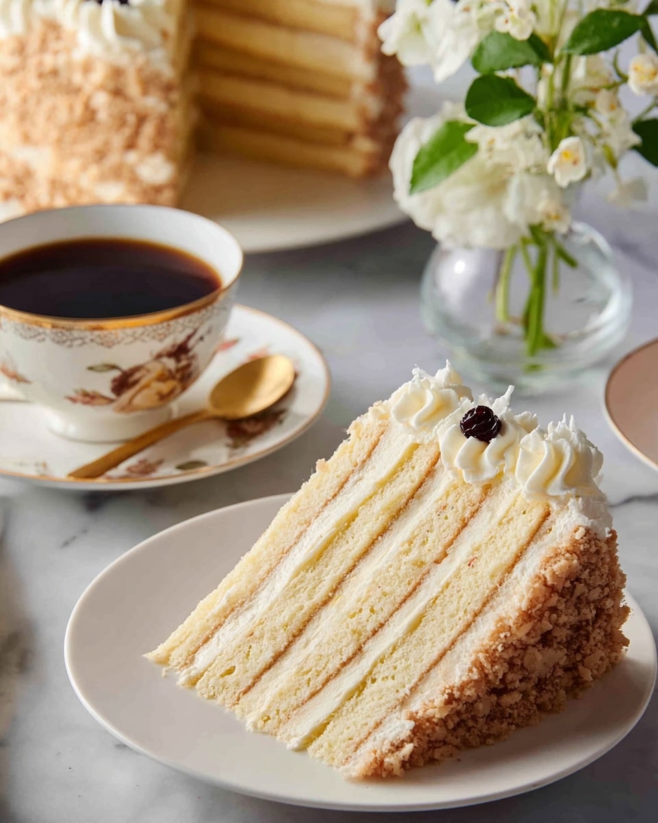 A tall round cake with five visible layers of light yellow sponge cake separated by thin layers of cream filling is shown. The outside of the cake is covered in smooth white frosting. The top is dusted with cocoa powder, and there are white frosting dollops evenly spaced around the edge, each topped with a dark brown coffee bean or chocolate-covered coffee bean. A slice is missing from the cake, and the slice is placed on a white plate in the background, showing the same five layer pattern. The cake sits on a white plate decorated with a subtle gold pattern. The background has a white marbled texture surface with a stack of white plates, two forks, and a vase of small light green flowers. Photo taken with an iphone --ar 4:5 --v 7
