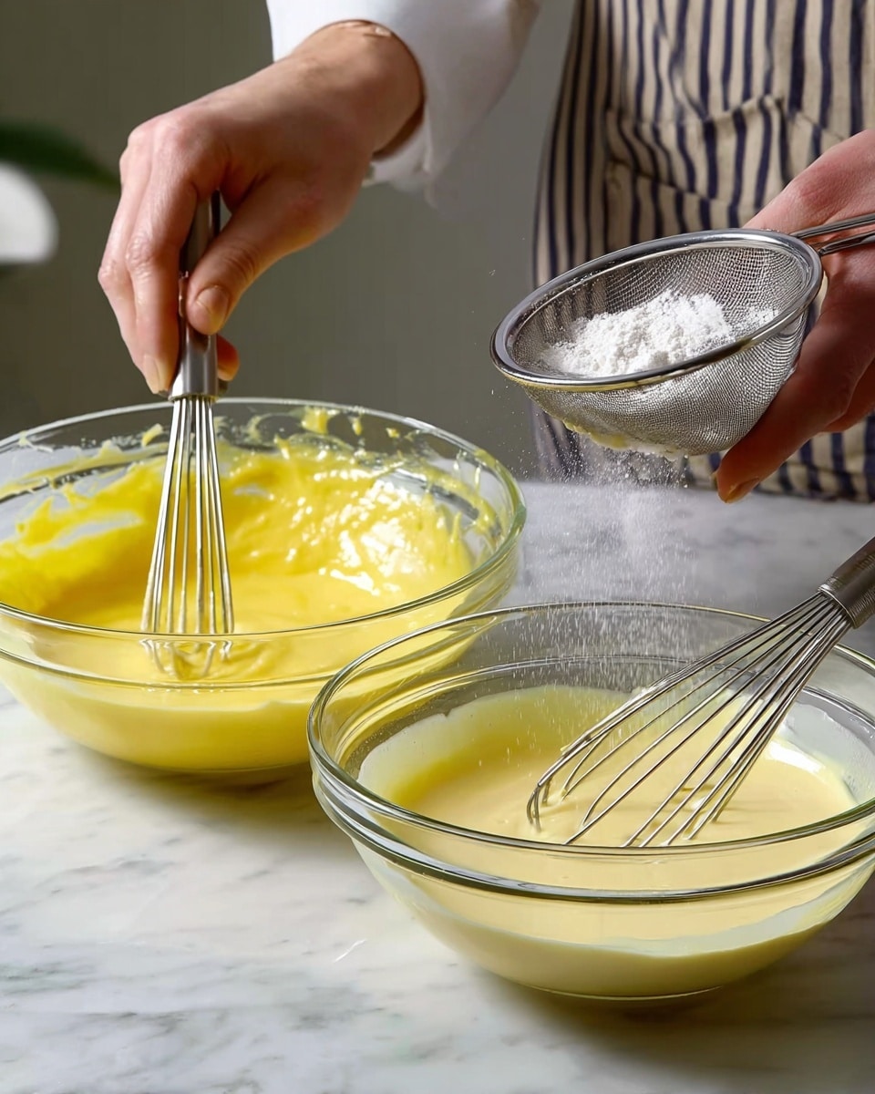 The image shows two glass mixing bowls on a white marbled surface. The left bowl contains a thick, smooth yellow batter being whisked by a woman’s hand, with a metal whisk inside and some batter sticking to the sides of the bowl. The right bowl holds a pale yellow batter, with a metal whisk inside and white powder being sifted into the bowl from a small sieve held above it, with powder falling down like a soft cloud. Photo taken with an iphone --ar 4:5 --v 7