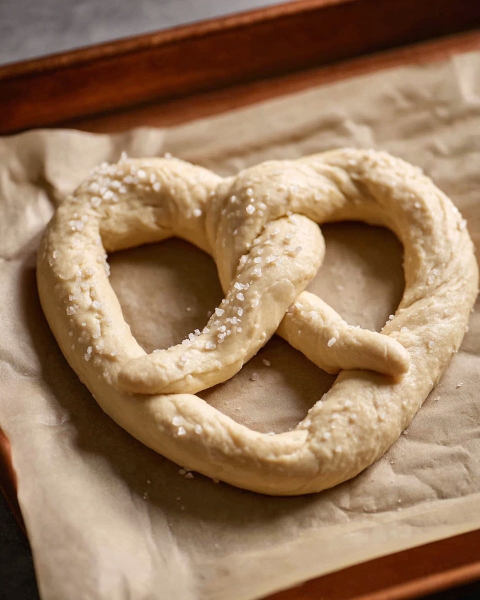A single uncooked pretzel dough is shaped into a classic pretzel form lying flat on a sheet of parchment paper. The pretzel consists of one long, light beige dough strand twisted in the center twice and looped into two large oval shapes on either side, creating three visible sections. The dough has a smooth texture with small white salt crystals scattered over it, giving a slightly rough look on the surface. The parchment paper beneath is light brown and slightly wrinkled, resting on a brown baking tray edge visible at the bottom. The scene is lit softly, enhancing the pale dough color and salt granules. Photo taken with an iphone --ar 4:5 --v 7