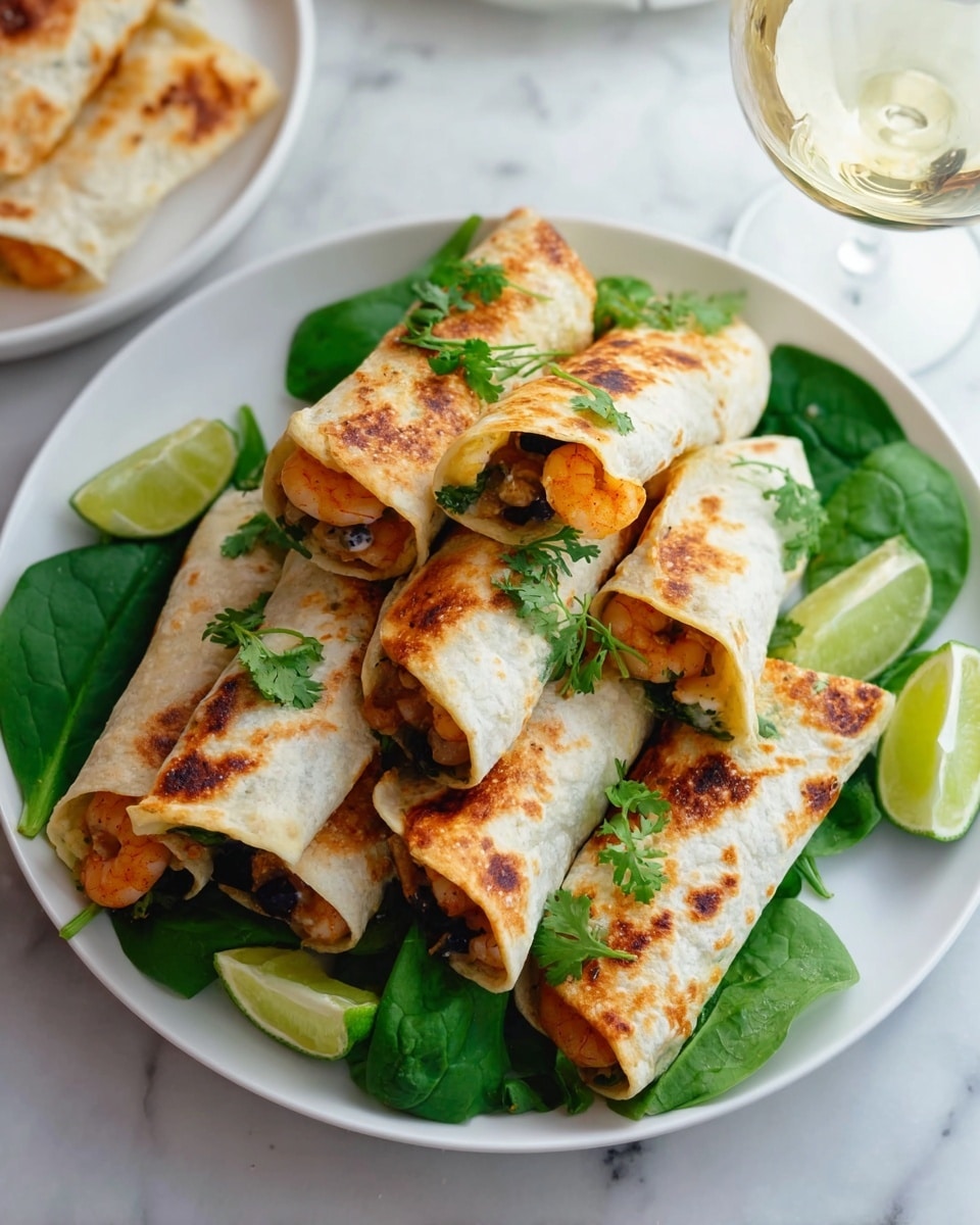 A white plate holds six folded tortillas with golden brown spots, stacked on a bed of fresh green spinach leaves. The tortillas are filled with a mix of white shrimp and dark black beans, visible as some are cut open showing the orange shrimp and black bean layers inside. Bright green lime wedges are placed beside the tortillas, with small sprigs of fresh cilantro scattered on top. The plate rests on a white marbled surface, and in the background, a glass of white wine and another white plate with more folded tortillas can be seen. photo taken with an iphone --ar 4:5 --v 7