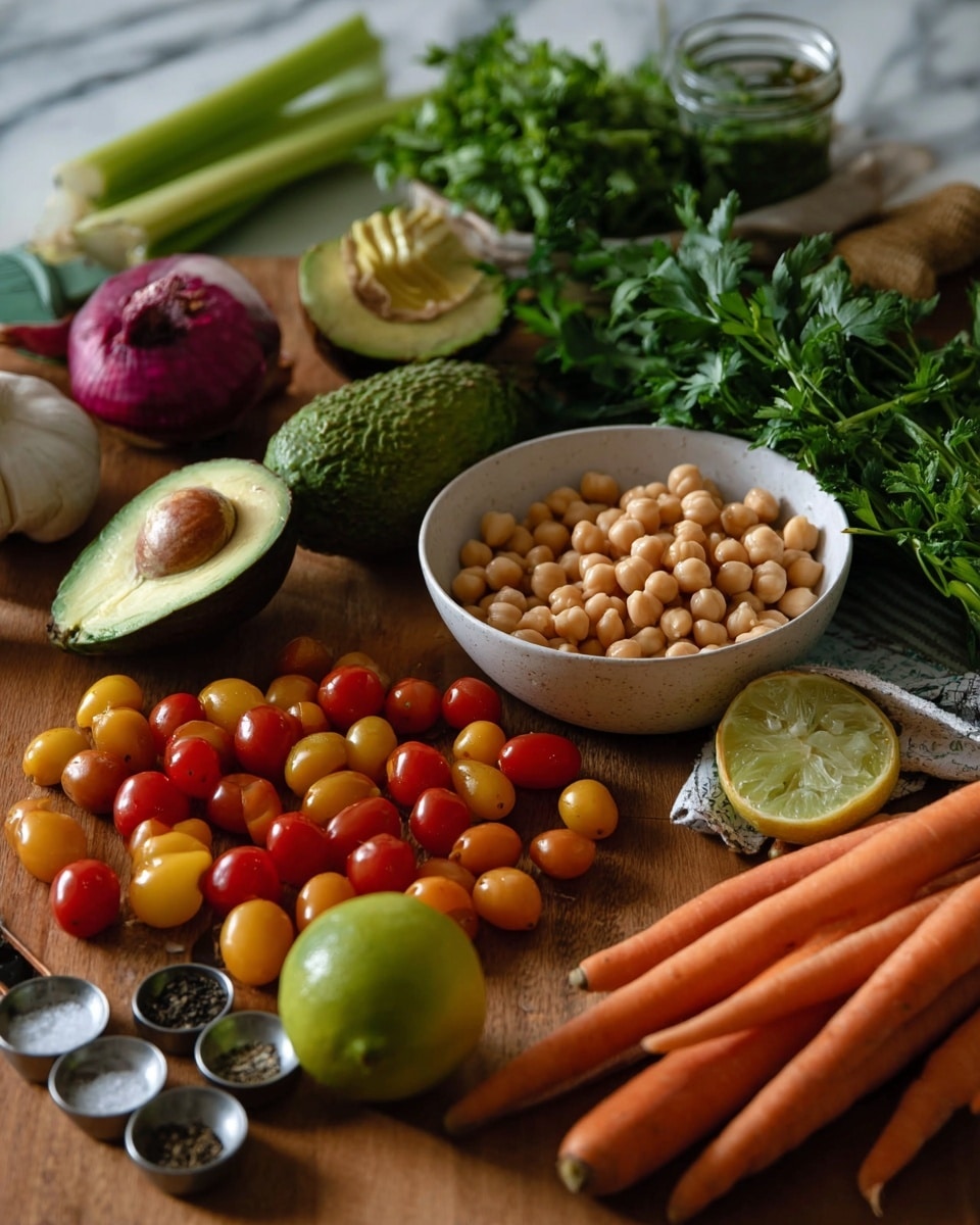 The image shows fresh cooking ingredients spread on a wooden table with a white marbled background. There is a white bowl filled with light beige chickpeas on the right side. Next to it are bright orange carrots lying flat, with a halved green lime and a yellow lemon nearby, showing their textured peel and juicy inside. Further back on the left side are many small red and orange cherry tomatoes scattered around. Behind them is a halved avocado with a creamy yellow-green inside and a brown seed in the center, sitting next to a whole green avocado. Vegetables such as a red onion, bunches of green leafy celery, and fresh green herbs like parsley and cilantro can be seen in the background. There are also small metal measuring spoons with some salt, oil, and black pepper, adding detail to the scene. Photo taken with an iphone --ar 4:5 --v 7