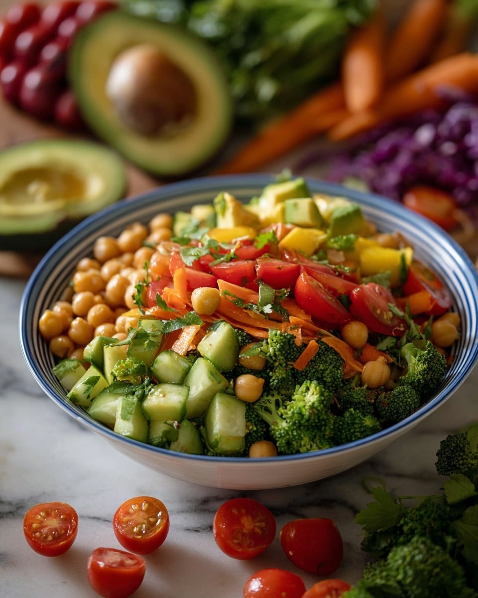 A white bowl with blue rim filled with a salad made of three main visible layers: a base layer of light tan round chickpeas, a middle layer of green broccoli florets and lighter green cucumber chunks, and a top layer of bright red cherry tomato halves, yellow avocado pieces, small orange carrot pieces, and some green cilantro leaves. The salad looks fresh and colorful on a white marbled surface scattered with cherry tomatoes, an avocado half, small orange carrots, broccoli, red cabbage, cucumber slices, and green cilantro in the blurred background. photo taken with an iphone --ar 4:5 --v 7