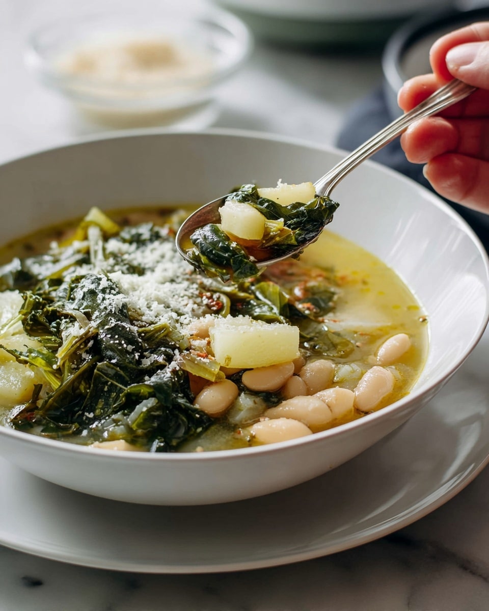 A white bowl filled with a soup that has about five layers of ingredients, sitting on a white plate on a white marbled surface. The bottom layer is a clear golden broth. Inside the broth, there are chunky white potato pieces mixed with pale pink beans. Larger dark green leafy vegetables rest on top, with some lighter green stalks. The soup is sprinkled with white grated cheese and small red chili flakes scattered on the surface. A silver spoon lies to the right side of the plate. A green cloth is seen on the left side of the image, with a small bowl of more white grated cheese near the top edge. Photo taken with an iphone --ar 4:5 --v 7