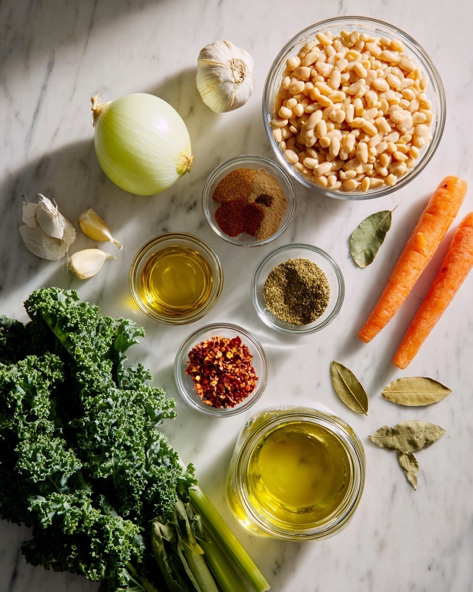 The image shows an arrangement of cooking ingredients on a white marbled surface. In the top right, there is a clear glass bowl filled with light beige beans. Below it, three small glass bowls hold different ground spices in shades of brown and green, with one bowl containing red pepper flakes. A larger clear glass jar in the bottom right contains a yellow-green liquid. To the left of the spices, a white onion sits whole and unpeeled. Below the onion, there is a bunch of curly green kale with vibrant leaves. To the left of the kale, two bright orange carrots and one piece of celery stalk rest side by side. Near the top left corner, two small glass bowls hold golden olive oil and clear vinegar. There are also three whole garlic cloves and two bay leaves on the right side near the onion. The setup is neat and bright, with all items spaced clearly apart, on a clean white marbled surface. Photo taken with an iphone --ar 4:5 --v 7