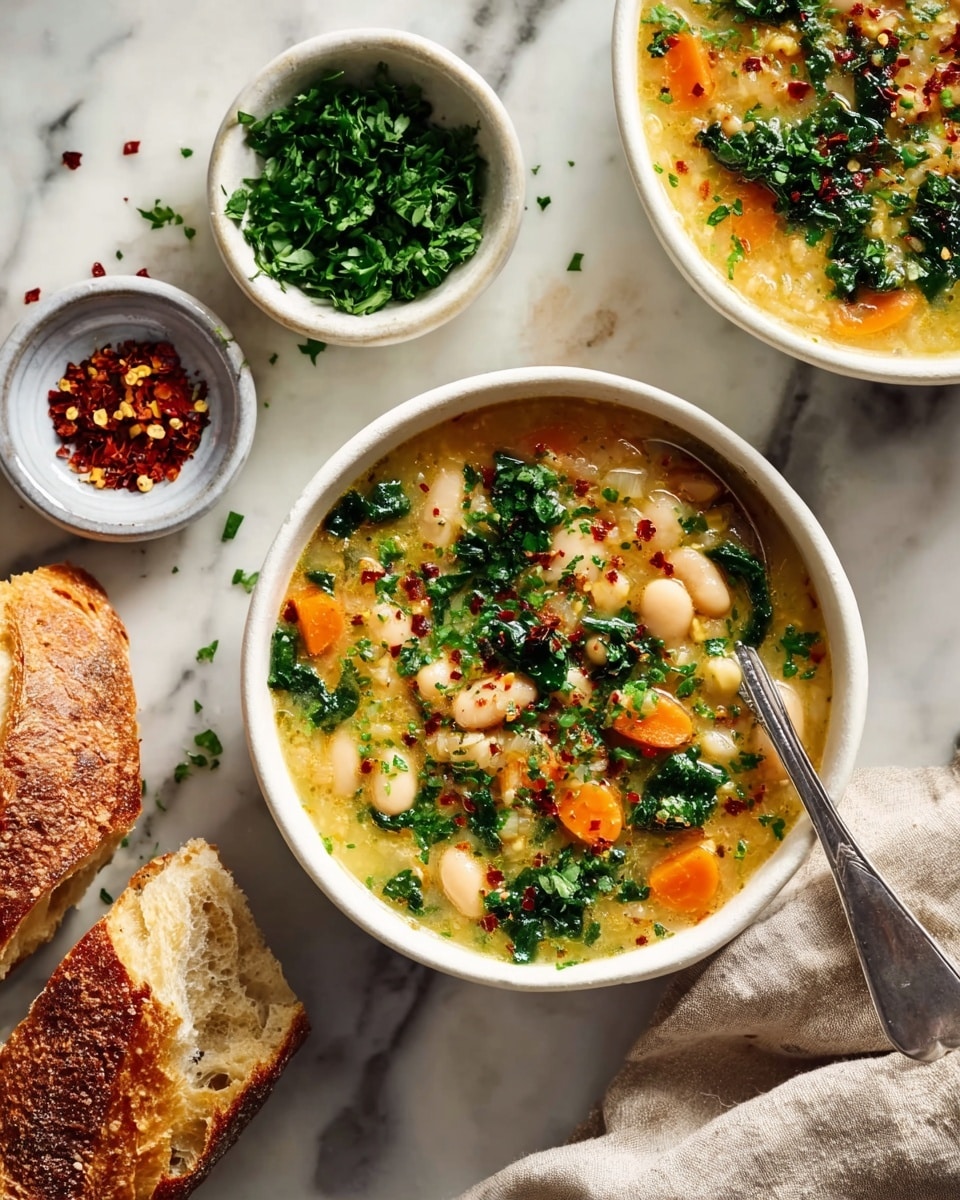 Two white bowls filled with thick soup that has visible slices of orange carrots, white beans, and green leafy herbs mixed in a light yellow broth. Red chili flakes and chopped parsley are sprinkled on top. Next to the bowls are two small white bowls, one filled with chopped green herbs and the other with red chili flakes. Pieces of crusty bread sit on the white marbled surface around the bowls, with a silver spoon resting inside one soup bowl. A soft beige cloth is placed near the bottom right. Photo taken with an iphone --ar 4:5 --v 7