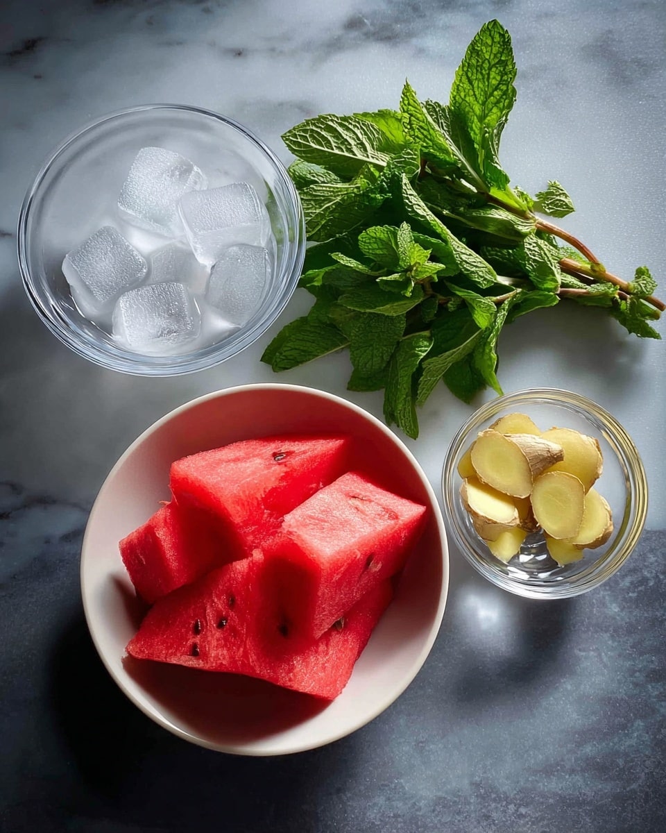 The image shows four main elements on a white marbled surface. In the front, there is a white bowl filled with bright red watermelon slices, which have black seeds and a juicy texture. To the left, a clear glass bowl holds large, clear ice cubes with some frost on them. On the right, a small clear glass bowl contains thin, light yellow slices of ginger. Above these bowls, a fresh bunch of green mint leaves with visible veins lies on the surface. The entire composition is simple, fresh, and colorful, creating a cool, refreshing feeling. photo taken with an iphone --ar 4:5 --v 7