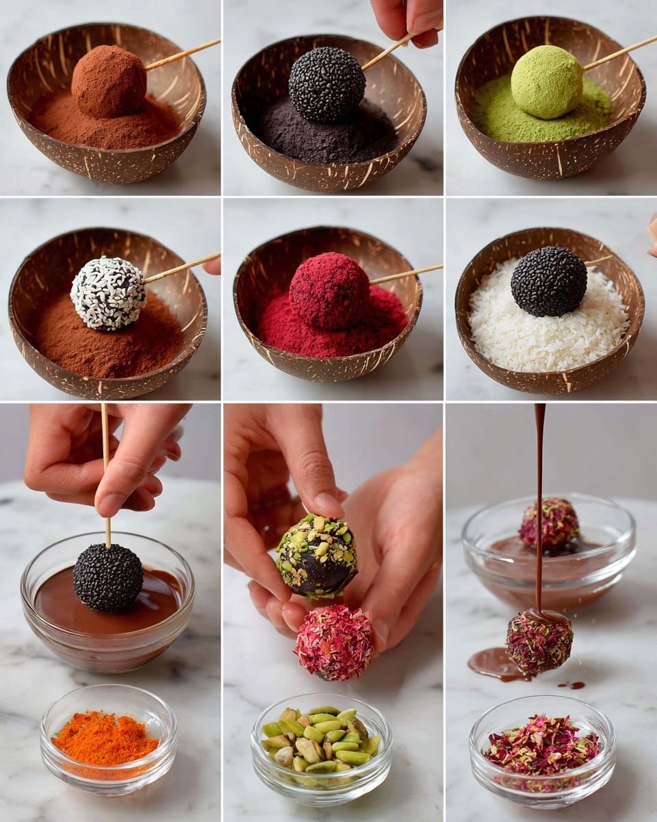 A collage shows a process of decorating round chocolate balls with different coatings. The first row has four images of a ball being dipped into small coconut shell bowls filled with powders of brown, green, red, and orange colors. The second row features a woman's hand placing balls coated in black seeds, white coconut flakes, and black sesame seeds into matching bowls, and one image of a ball being dipped in melted chocolate in a clear glass bowl. The last row displays balls held by a stick being rolled in small red fruit pieces over a clear glass, thin orange shreds, chocolate flakes, and bright green nut slices. The surface is white marble. photo taken with an iphone --ar 4:5 --v 7