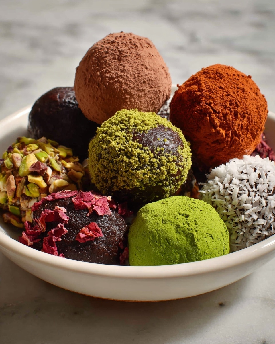 A white shallow bowl holds a mound of colorful round truffles arranged in layers. The top layer has a light brown truffle dusted in cocoa powder, a green one covered with matcha powder crumbs, and an orange-brown truffle with a rough texture. In the middle, there is a dark truffle rolled in black sesame seeds, a bright green truffle covered with slivered pistachios, and a dark truffle covered in small red dried berry pieces. The bottom layer consists of a bright green powdered truffle, a dark truffle with uneven brown nut pieces, and a white one coated in shredded coconut flakes. The bowl sits on a white marbled textured surface. photo taken with an iphone --ar 4:5 --v 7