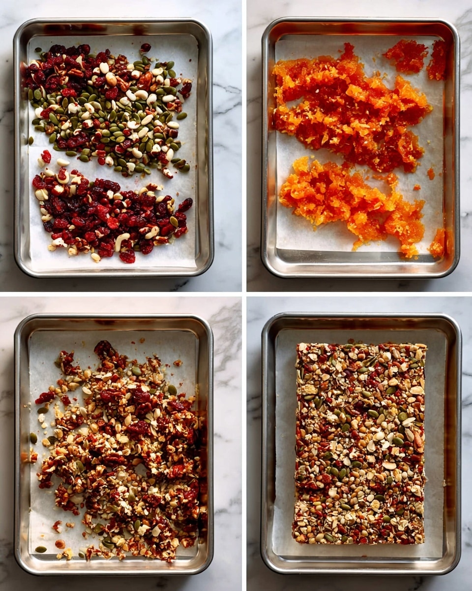 A close-up image of a small rectangular snack bar held by a woman's hands, showing a top layer covered with a mix of whole and sliced almonds, bright red dried cranberries, green pumpkin seeds, and small yellow millet grains held together by a golden honey-like sticky layer, with melted dark chocolate dripping slightly from the edges underneath. The background is a white marbled texture. photo taken with an iphone --ar 4:5 --v 7