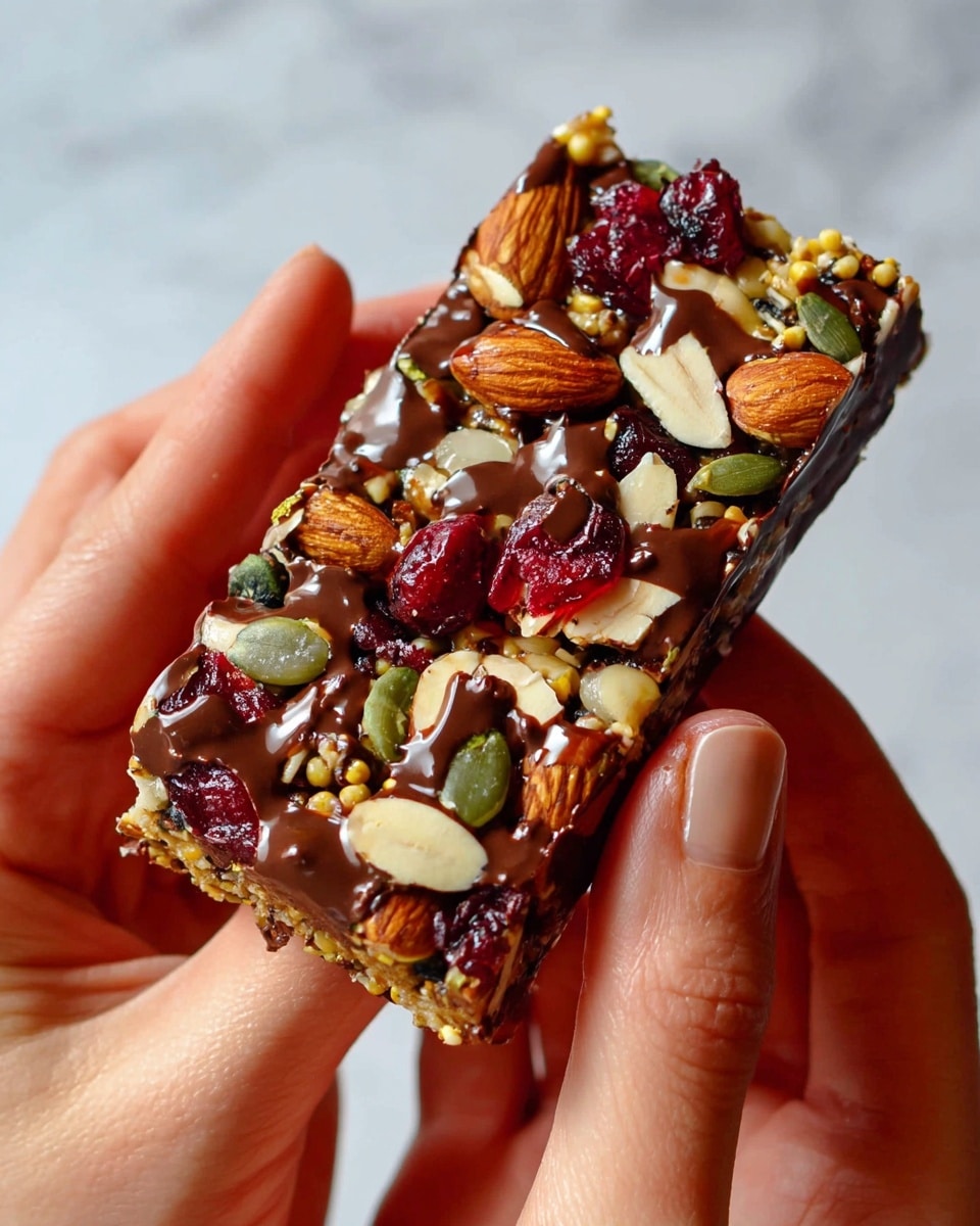 Six nut and seed bars are arranged on a white marbled surface in two rows, with four rectangular bars on the top and two irregularly shaped bars at the bottom. Each bar has a shiny golden-brown layer made of nuts and dried fruits including red berries, white nuts, and green seeds, giving a colorful and textured look. Around the bottom edges of each bar, there is a glossy dark brown chocolate layer that softly drips onto the white marbled surface. The bars have a crunchy, mixed texture with bright red, white, and green scattered across the warm brown base. photo taken with an iphone --ar 4:5 --v 7