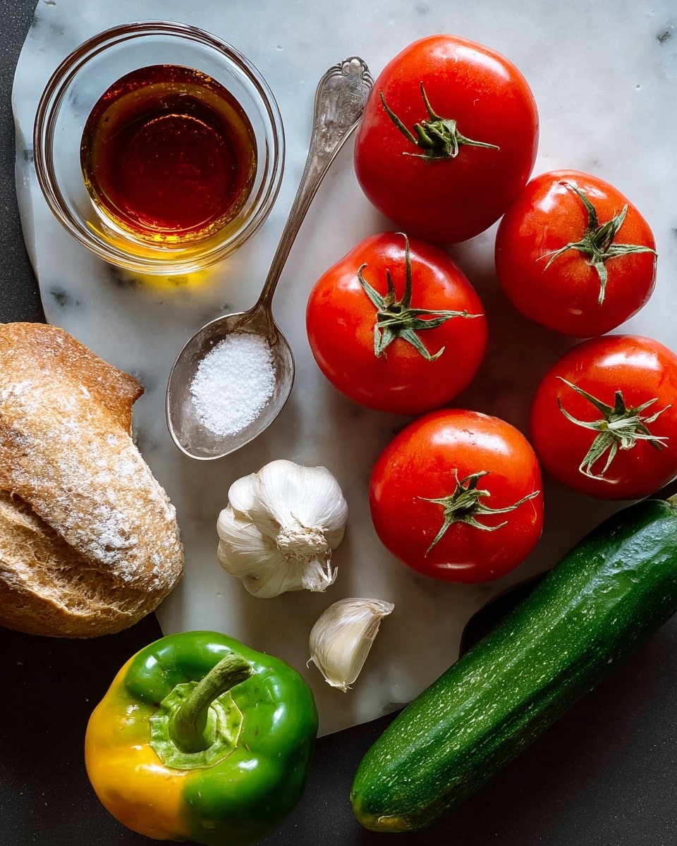 The image shows fresh cooking ingredients arranged on a white marbled surface: five bright red tomatoes with green stems on the upper right, a green cucumber laying diagonally near the bottom right, a green and yellow bell pepper at the bottom left corner, two peeled garlic cloves near the center, a small rustic white bread roll with a light dusting of flour on the upper left, a glass bottle of olive oil with a clear handle near the bottom left, and a tarnished silver spoon holding white salt near the center. A glass bowl with a reddish-brown liquid is positioned near the top center. photo taken with an iphone --ar 4:5 --v 7