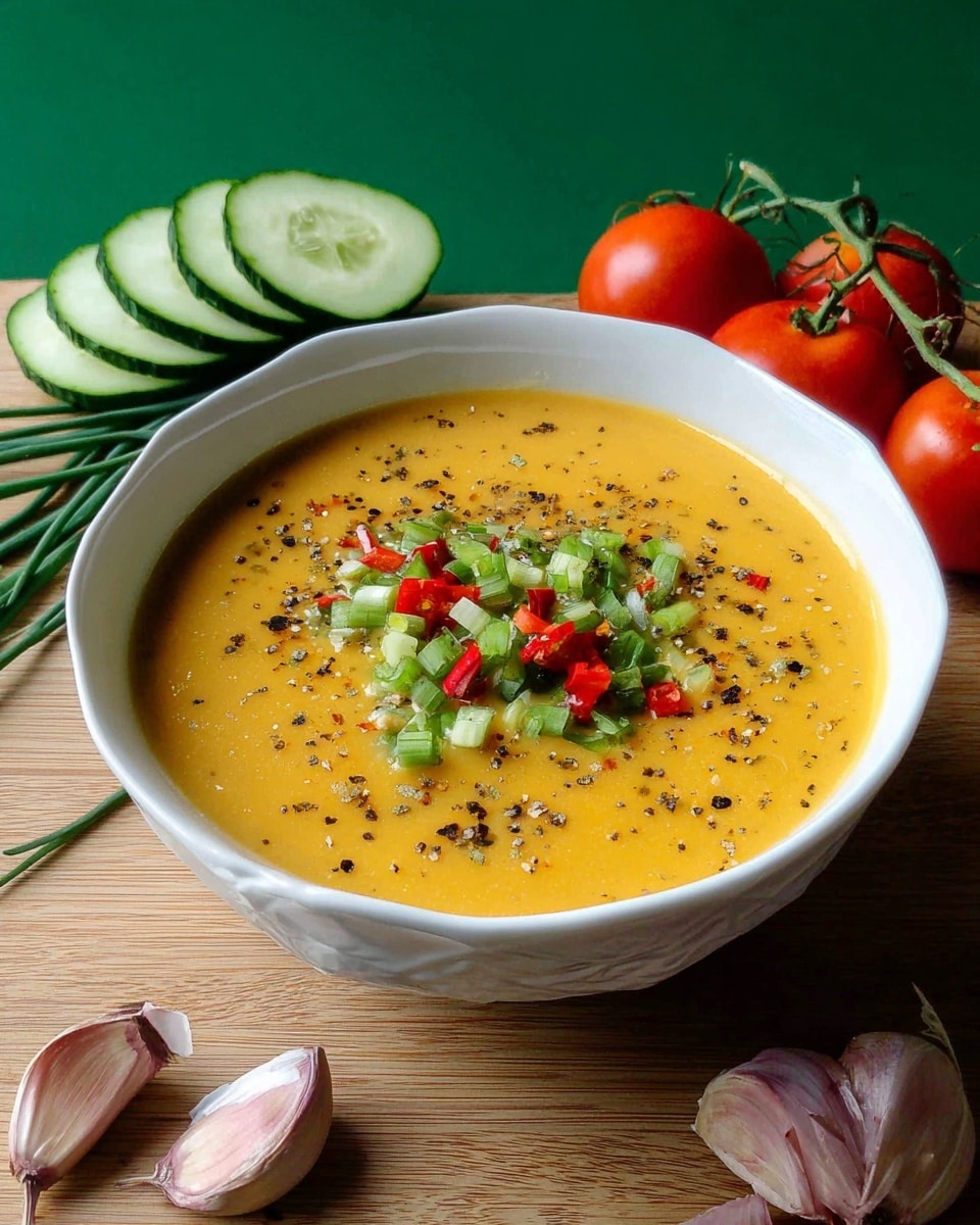 Two clear glasses filled with smooth, creamy orange-colored soup sit on a wooden surface with a white marbled texture behind. Each glass has a layer of small, chopped green cucumber pieces and red chili peppers floating on top, sprinkled with coarse black pepper. One glass is placed closer to the front, showing the detailed texture of the soup and toppings. In the background, small red tomatoes and garlic cloves rest on the surface, adding color contrast to the scene. photo taken with an iphone --ar 4:5 --v 7
