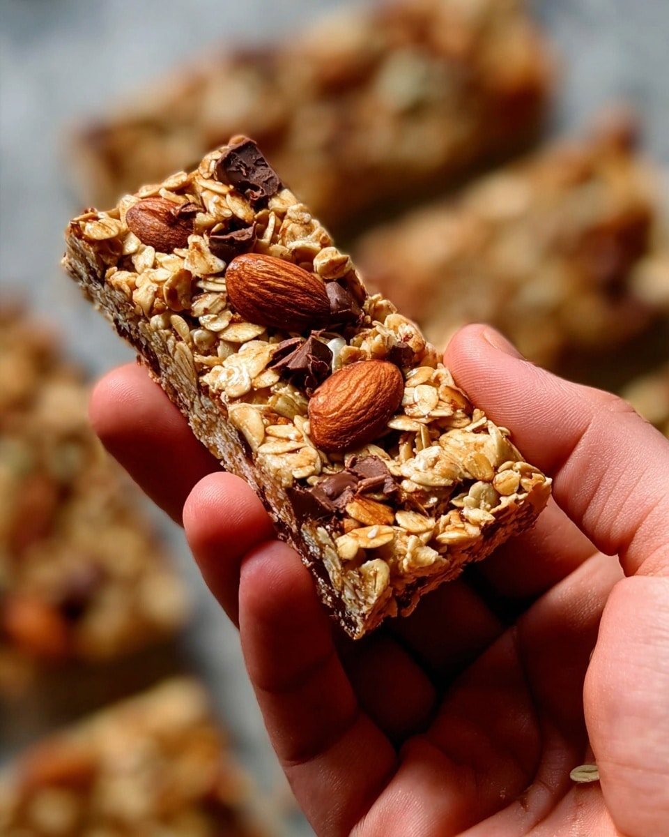 The image shows a batch of homemade granola bars arranged on white parchment paper over a white marbled surface. There are two rows with six bars in the top row and five bars in the bottom row, making a total of eleven bars. Each bar is rectangular and thick, packed with visible ingredients like oats, whole almonds, and chunks of dark chocolate. The colors range from golden brown oats to dark brown chocolate and light brown almonds, creating a textured and rough surface. Crumbs are scattered around the bars, giving a fresh, just-cut look. Photo taken with an iphone --ar 4:5 --v 7
