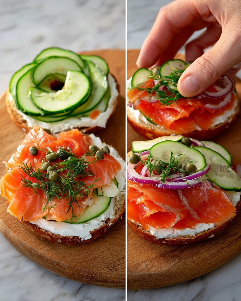 Two bagel halves are shown on a wooden surface with fresh dill on the side. Each bagel has four visible layers: a round golden-brown bagel base, a layer of white cream cheese spread smoothly, thin pale green cucumber slices covering the cream cheese, and a vibrant orange slice of smoked salmon on top. The salmon is garnished with small green capers, thin purple and white onion slices, and sprinkled green dill. The texture of the salmon is smooth and slightly shiny, while the onions and dill add a fresh and delicate look. The photo taken with an iphone --ar 4:5 --v 7