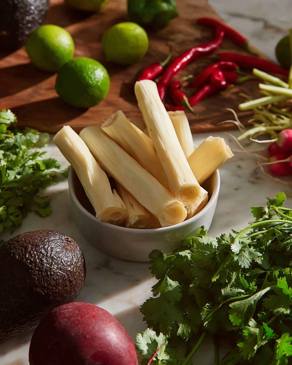 A bowl filled with three main layers: the bottom layer is white, thin noodle-like strips, the middle layer has light-colored chickpeas mixed with chunks of bright green avocado, and the top layer is thin red-rimmed white radish slices and fresh green cilantro leaves scattered on top. Next to it, there is a small white bowl with a dark blue rim filled with green guacamole topped with small red tomato pieces. Crisp yellow tortilla chips lie beside the bowls on a white marbled surface. Photo taken with an iphone --ar 4:5 --v 7