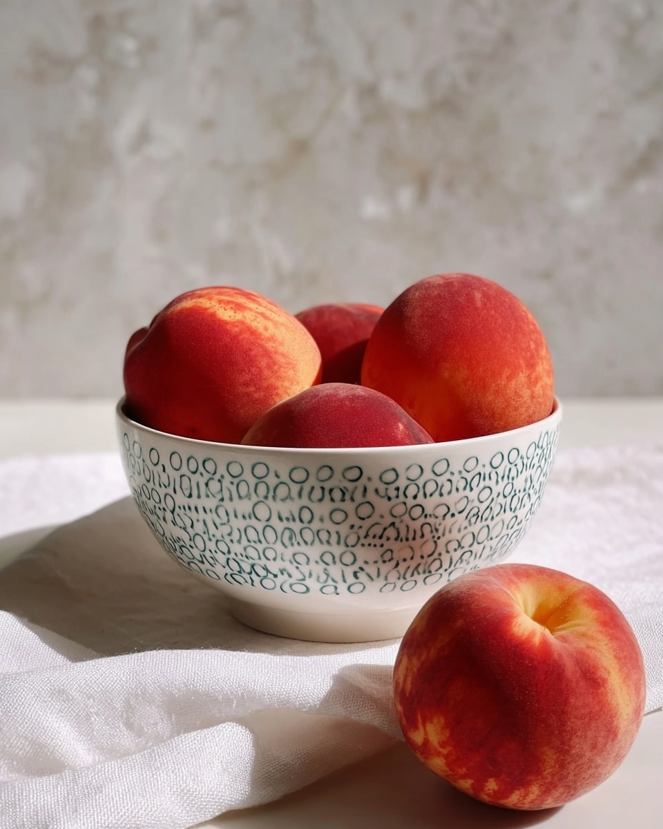 A white bowl with small blue circle patterns holds four fuzzy peaches with soft pink, orange, and red colors, closely packed inside the bowl. One peach rests outside the bowl on a white marbled surface next to it. The bowl sits on a white cloth textured table with a white marbled wall in the background. photo taken with an iphone --ar 4:5 --v 7