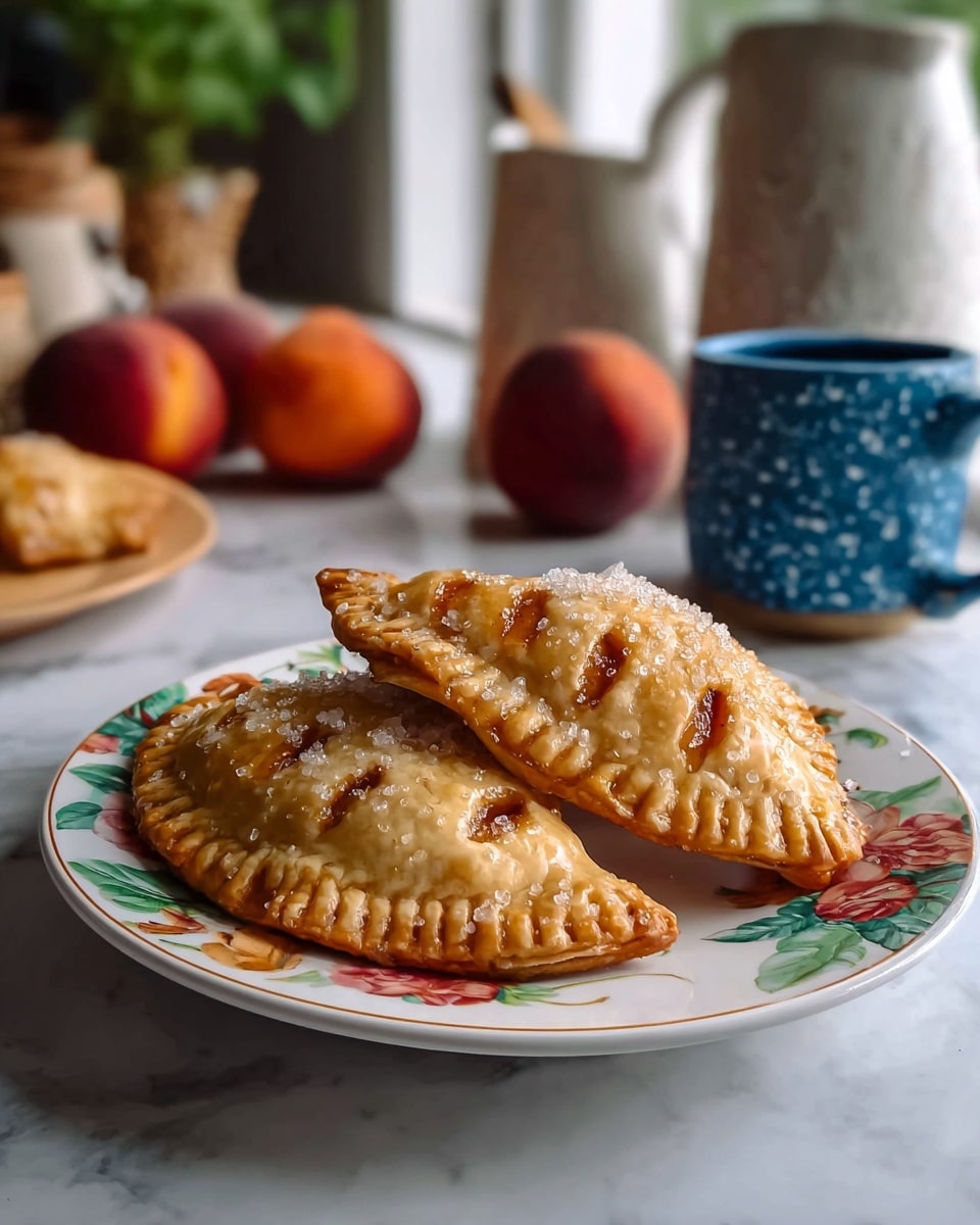 Two golden-brown hand pies with a slightly shiny, textured crust sprinkled with coarse sugar sit side by side on a white plate decorated with colorful floral and leaf patterns. The hand pies have small slits on top revealing a warm filling inside and crimped edges creating a neat border. In the background, there is a white marbled surface with a white pitcher, two cinnamon sticks, a small brown bowl holding white sugar, a peach, a blue speckled cup filled with coffee, and a cooling rack holding another hand pie. Photo taken with an iphone --ar 4:5 --v 7