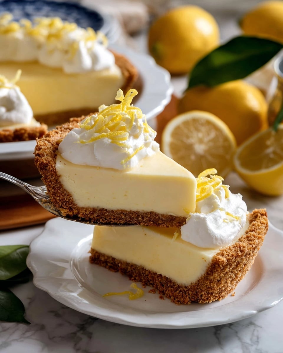 A slice of lemon pie on a white plate with a crumbly golden brown crust at the bottom, a thick pale yellow creamy lemon filling in the middle, and a fluffy white topping layer with thin yellow lemon zest curls on top, paired with a silver fork on the plate; in the background, whole lemons and additional pie slices on white plates are visible, all set on a white marbled texture with blue patterned accents. photo taken with an iphone --ar 4:5 --v 7