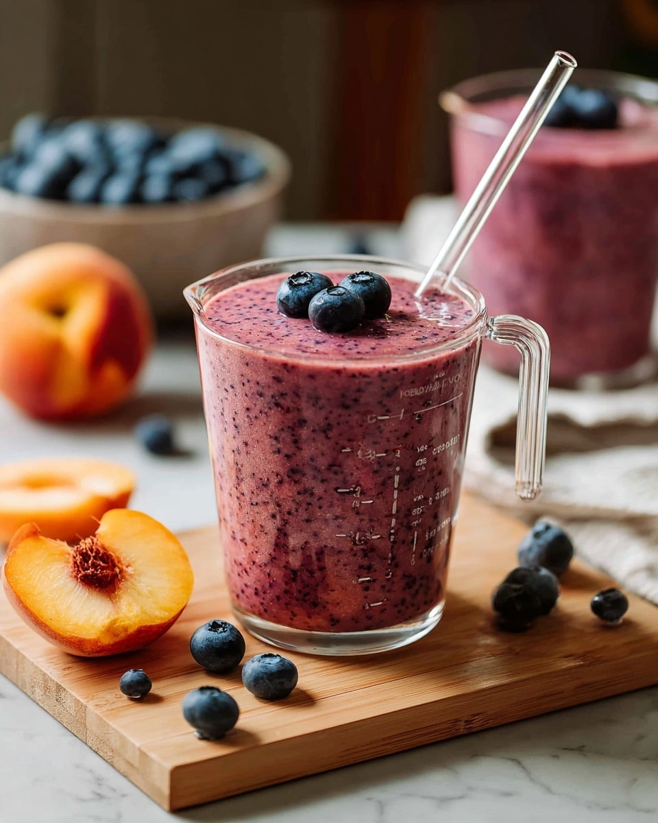 A large clear measuring cup filled with a thick pink-purple smoothie that has visible small dark specks, topped with two fresh blueberries and a white straw sticking out at an angle. The measuring cup sits on a light wooden board placed on a white marbled surface. Around the cup are loose blueberries and half a peach with the pit showing. In the background, there is a blurred glass with the same smoothie topped with blueberries. Photo taken with an iphone --ar 4:5 --v 7