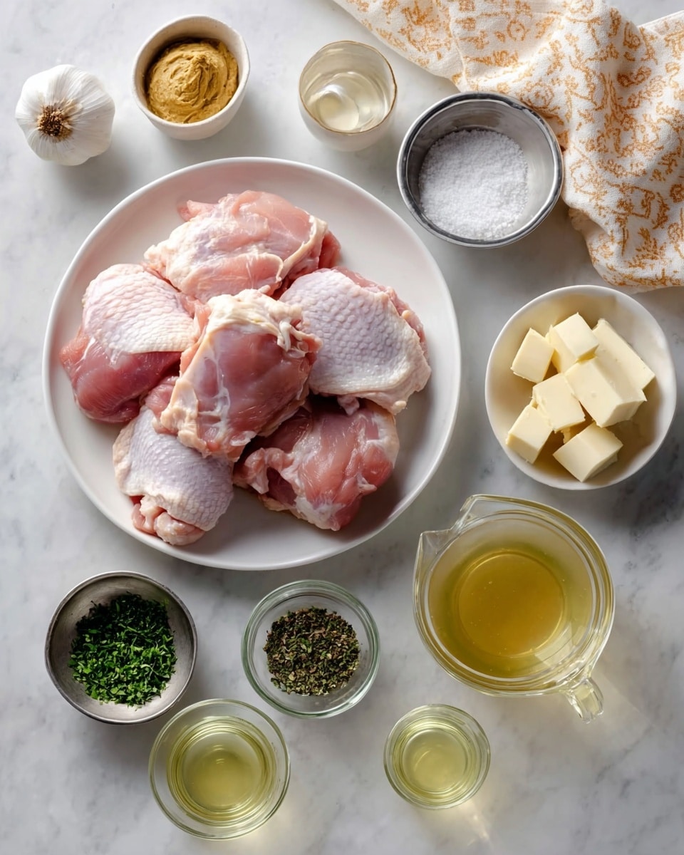 A round pan filled with six pieces of small, golden brown chicken thighs, each lightly grilled and shiny with a thick, pale beige sauce that has visible small bits of herbs and garlic. The chicken pieces are spread evenly in the creamy sauce which has a smooth texture with specks of black pepper and herbs. A metal spoon rests on the right side inside the pan, and some tiny green herb sprigs are placed on top of the chicken for garnish. The pan sits on a white marbled surface photo taken with an iphone --ar 4:5 --v 7