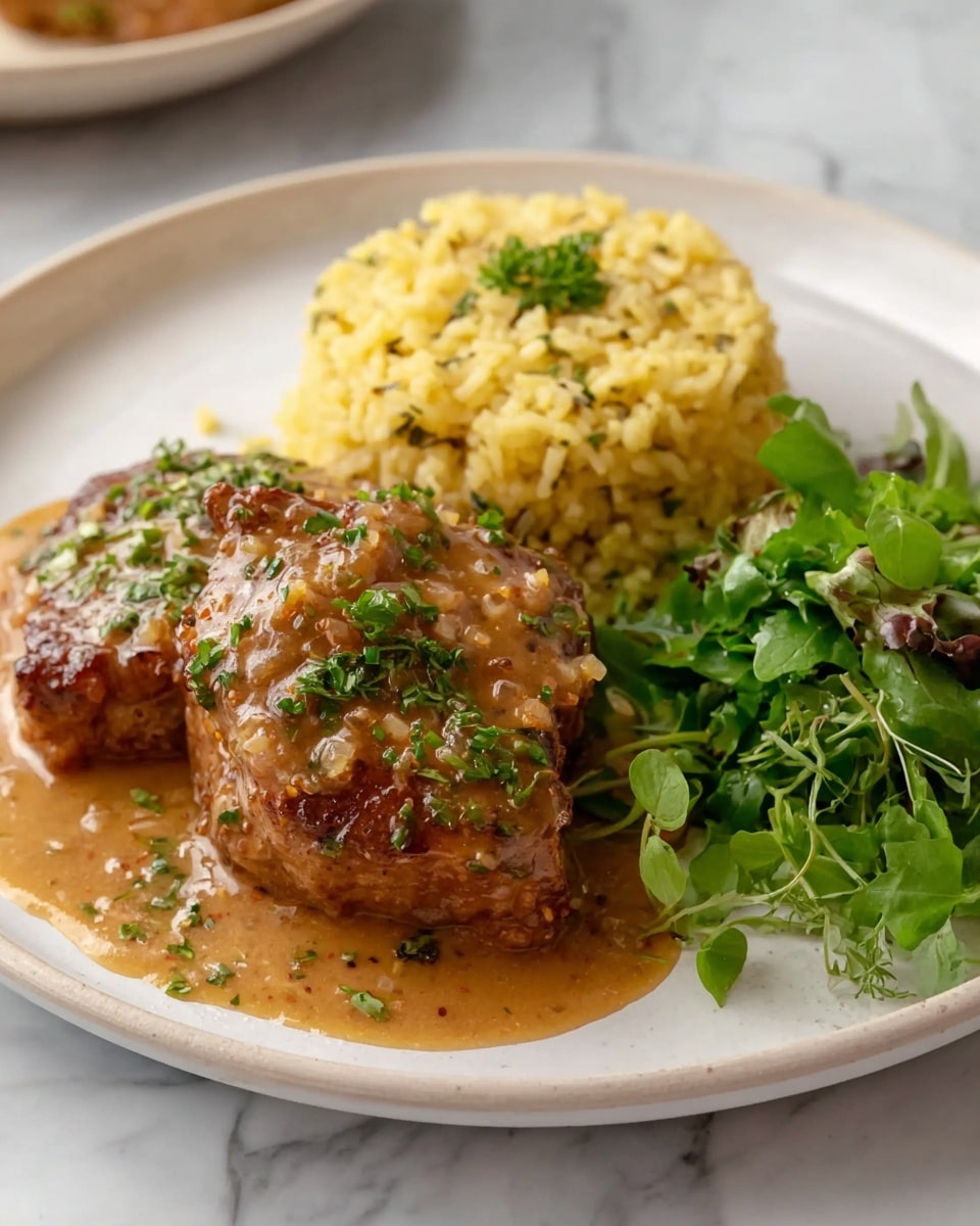 The dish shows two thick pieces of food covered in a shiny light brown sauce with small bits of seasoning, placed on the left side of a white plate. Behind them is a mound of yellow rice mixed with small bits of herbs and seasoning. On the right side of the plate, there is a small bunch of fresh green leafy vegetables. The plate is set on a white marbled surface. photo taken with an iphone --ar 4:5 --v 7