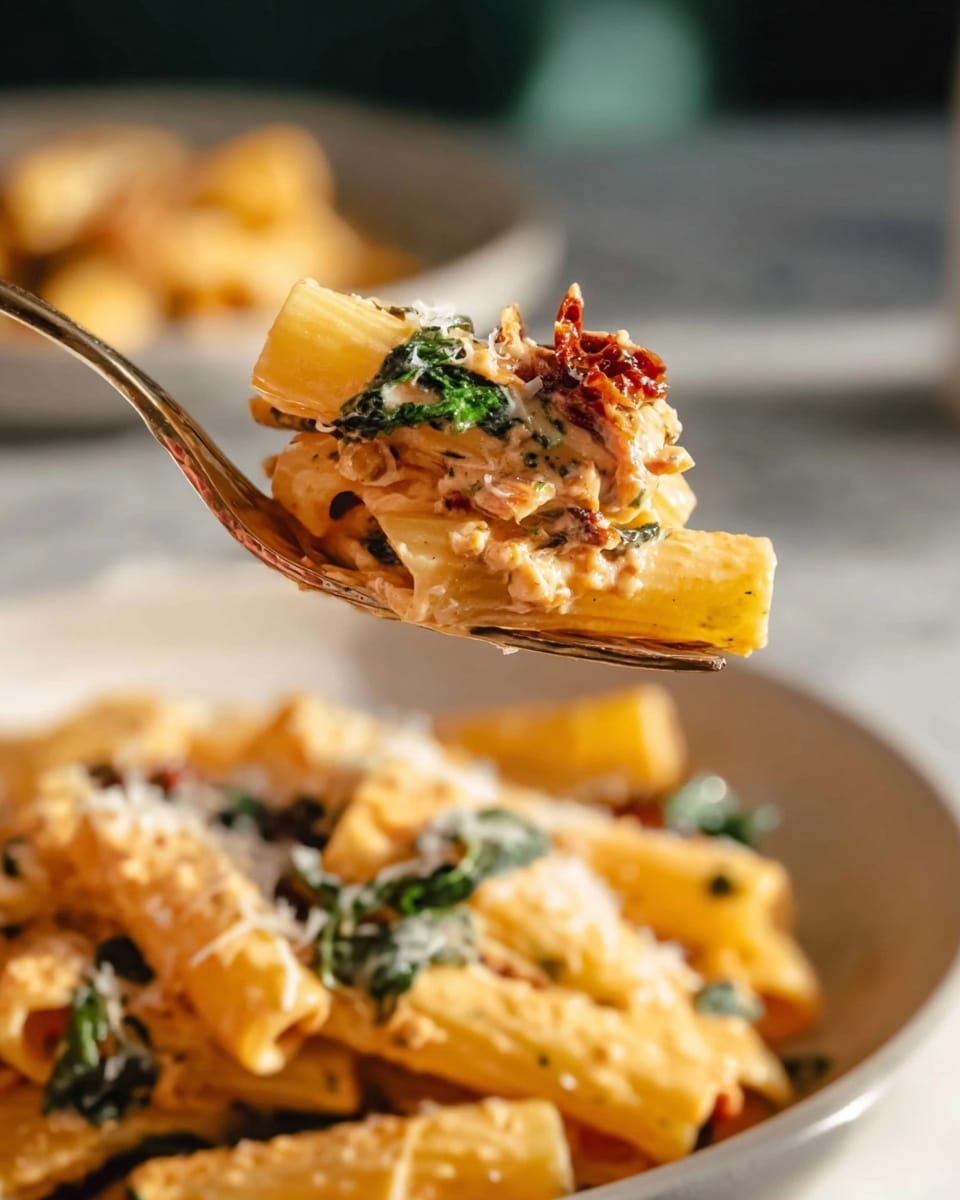 A deep white bowl filled with creamy penne pasta mixed with sliced cooked chicken pieces, sun-dried tomatoes, and small green basil strips mixed throughout. On top, a light sprinkle of grated cheese adds texture and a mild shine. The bowl is placed on a white marbled surface with a blurred background showing another bowl of pasta and small white ramekins. The overall colors are warm creamy yellows combined with dark green and reds, highlighting the dish's rich and fresh ingredients. Photo taken with an iphone --ar 4:5 --v 7