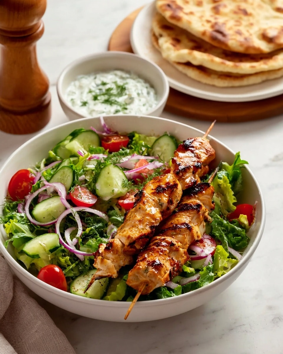 A white bowl holds a fresh green salad made of chopped lettuce, sliced cucumbers, halved cherry tomatoes, and thin slices of red onion. On top, there are three grilled chicken skewers with clear char marks and a golden-brown color, slightly glazed by the light. Behind the bowl, on a white plate, there are round pieces of warm flatbread, stacked slightly overlapping. Next to the plate, there is a small white bowl filled with a creamy white sauce with bits of green herbs. The background is a white marbled surface, and a wooden pepper grinder is on the left side. photo taken with an iphone --ar 4:5 --v 7
