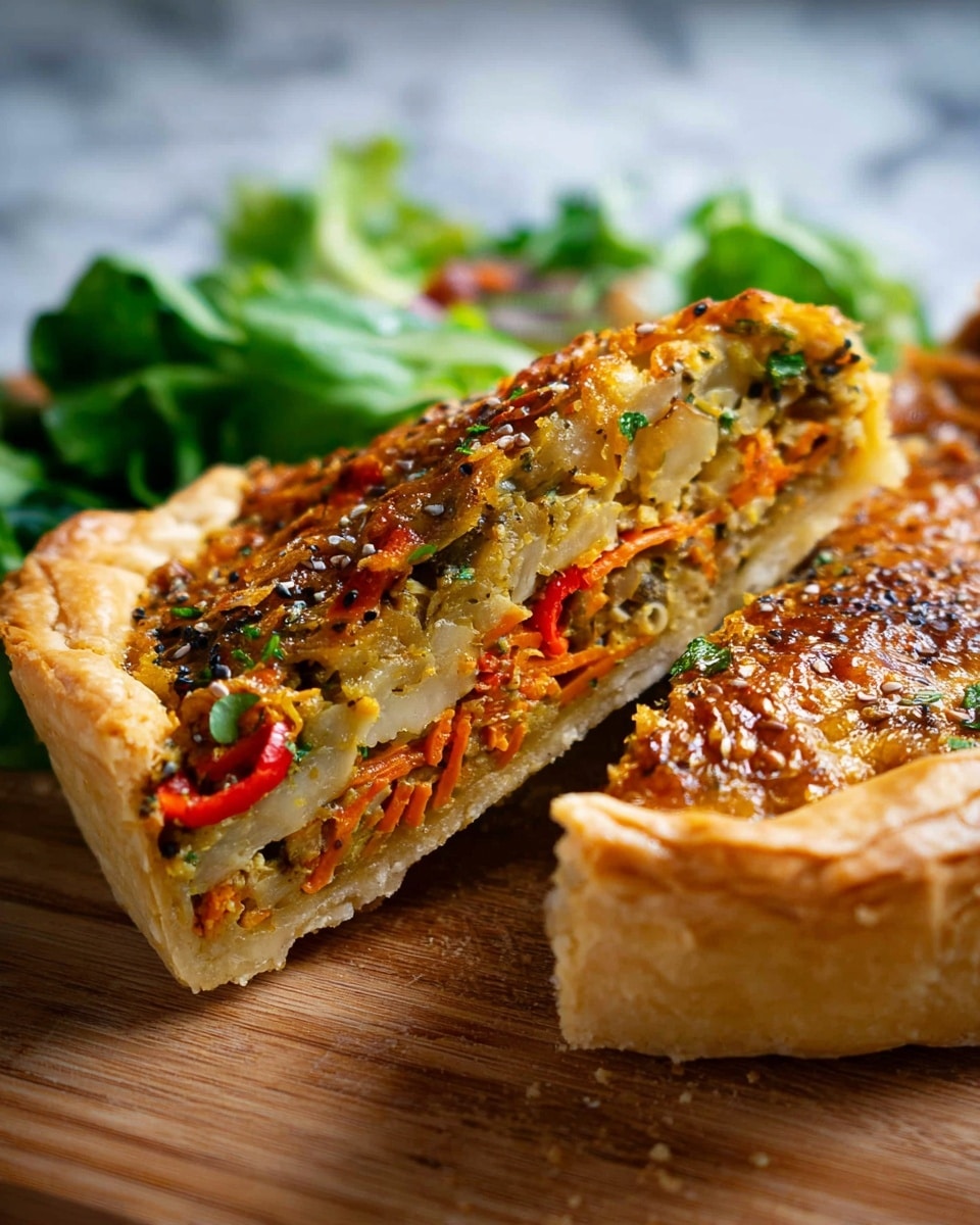 A round galette with a thick, golden brown crust folded over the edges of a colorful filling, placed on a wooden board. The filling has visible layers of diced vegetables including orange carrots, red peppers, and green herbs, with three melted white cheese spots that look soft and creamy. On top and around the filling are dark sprinkled seeds and spices that add texture. Near the top of the board, there is a pile of fresh bright green leaves and four thin lemon slices arranged in a fan shape. The whole scene is set on a white marbled textured surface. photo taken with an iphone --ar 4:5 --v 7